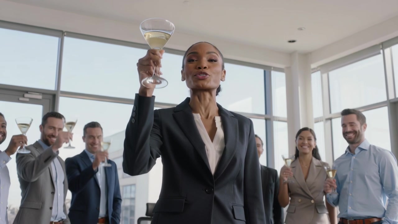 Speaking woman in dark suit opening toast in office, team raising glasses celebrating milestone