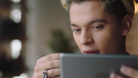 close-up-attractive-young-hispanic-man-student-using-tablet-computer-in-cafe-drinking-coffee-browsing-online-reading-social-media-messages-enjoying-sharing-relaxing-lifestyle