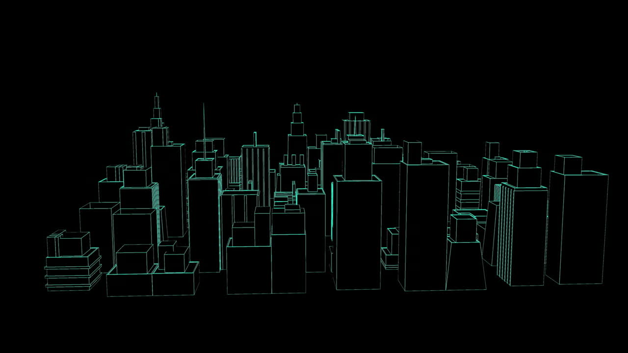 Modelo 3D de ciudad en wireframe mostrando rascacielos flotantes de bloques en líneas verde neón sobre un vacío negro.