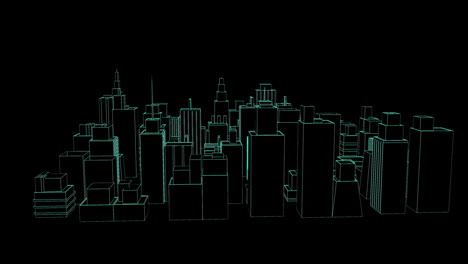 3d wireframe city model showing floating blocky skyscrapers in neon green lines over black void