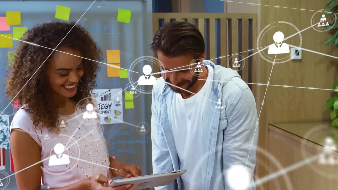 Animation of network of connections over diverse business people in office