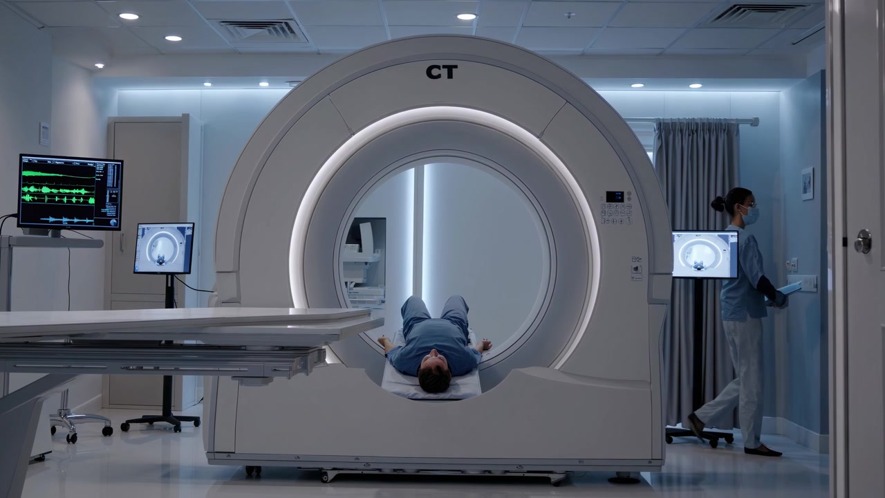 Paziente sottoposto a TAC in una moderna sala di radiologia ospedaliera