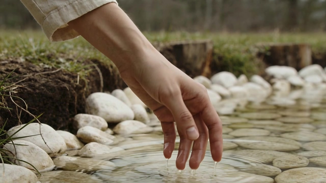 Reaching from upper left, adult hand with beige cuff touching small pond stones, making ripples