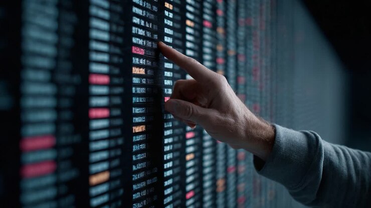 A User Interacting with a Digital Display Board, Selecting Data Points that Showcase Information in a Dynamic and Engaging Environment