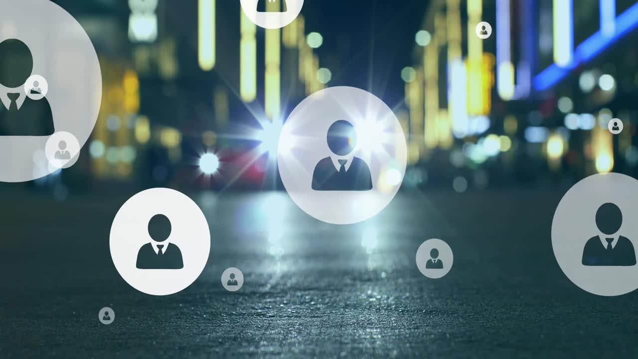 Animation of icons and data processing over city