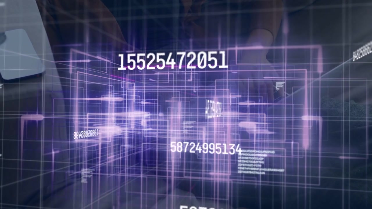 Digital tunnel opening, overlaying purple grid while woman typing on laptop data analyzing for work