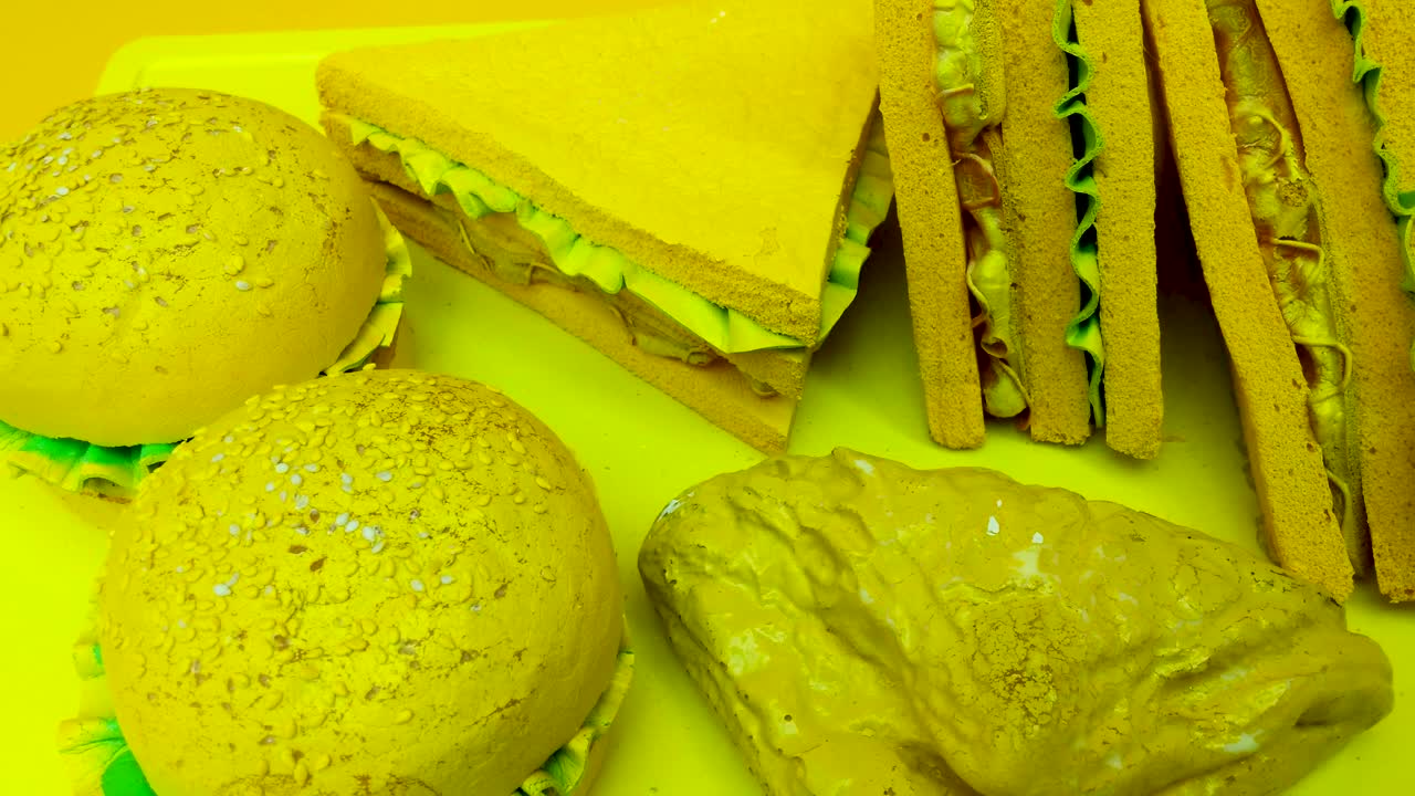 fiesta de comida temática de concepto amarillo, accesorios de hamburguesas y sándwiches