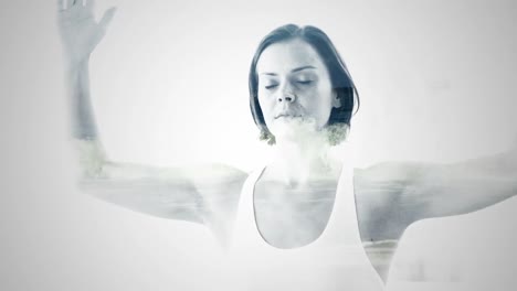 double exposure of woman practicing yoga