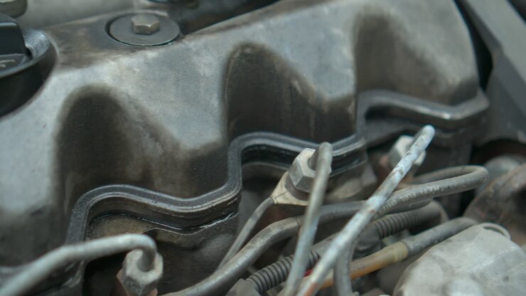 Parts to an old engine in car dirty in oli