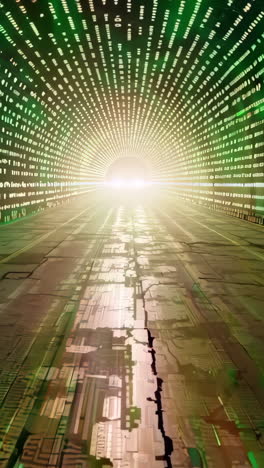 a tunnel with green lights and a bright light at the end. the tunnel is long and narrow