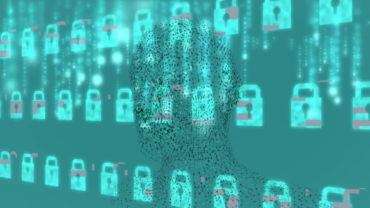 animación de la cabeza humana digital sobre filas de candados de seguridad en línea sobre fondo verde