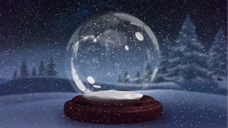 animación de nieve cayendo y bola de nieve de vidrio sobre el paisaje de invierno