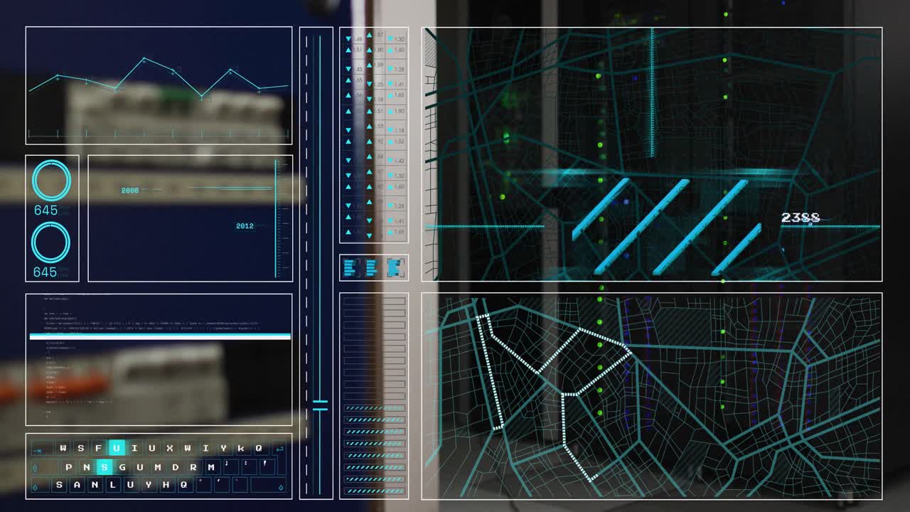 animación de pantallas de hud con mapas, gráficos, datos de programación en los racks de los servidores de datos