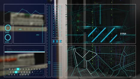 animación de pantallas de hud con mapas, gráficos, datos de programación en los racks de los servidores de datos