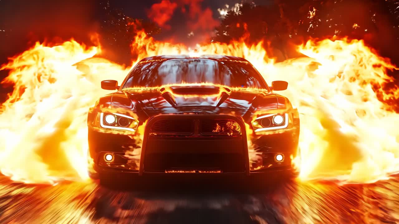 밤에 도로에서 불타는 차