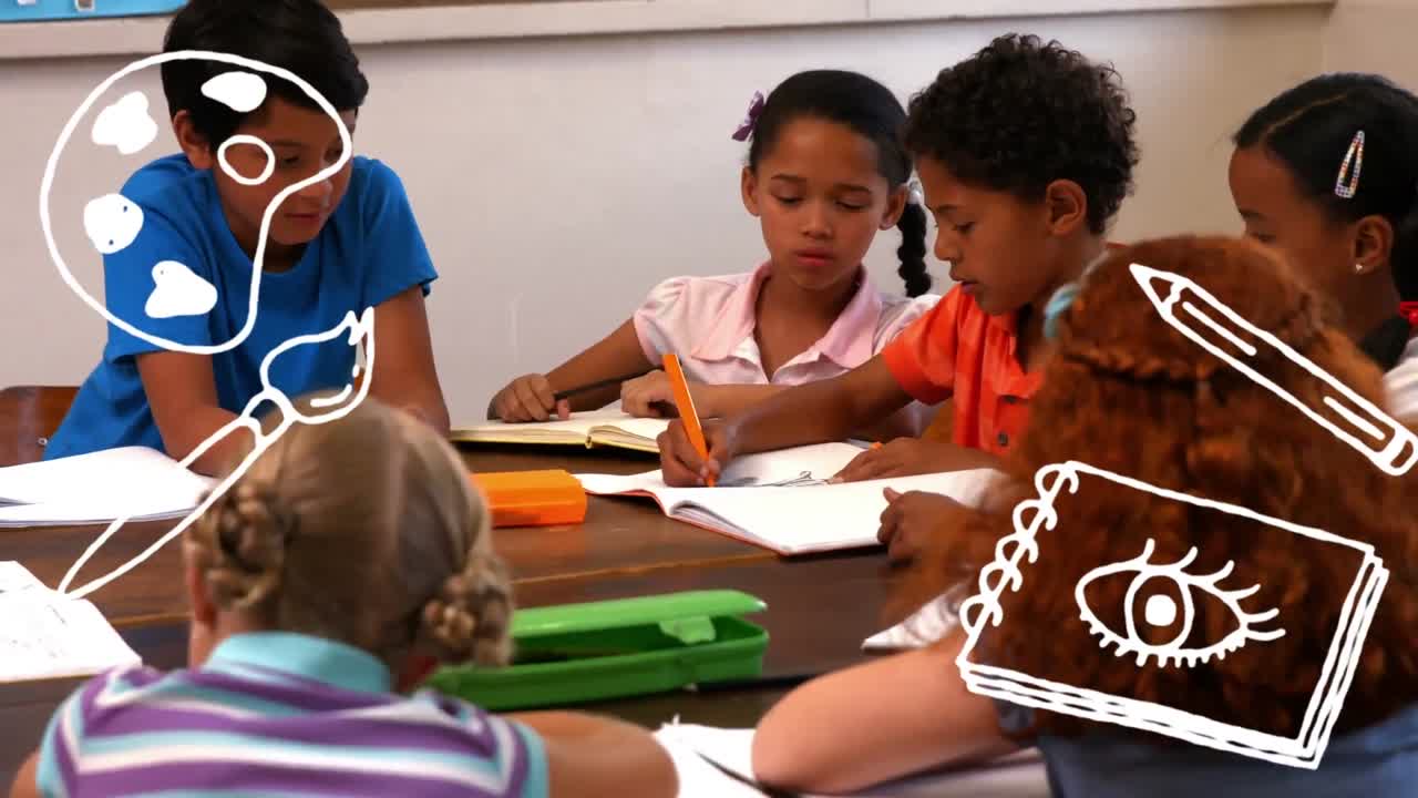 pintar iconos conceptuales contra un grupo de estudiantes que estudian en el aula