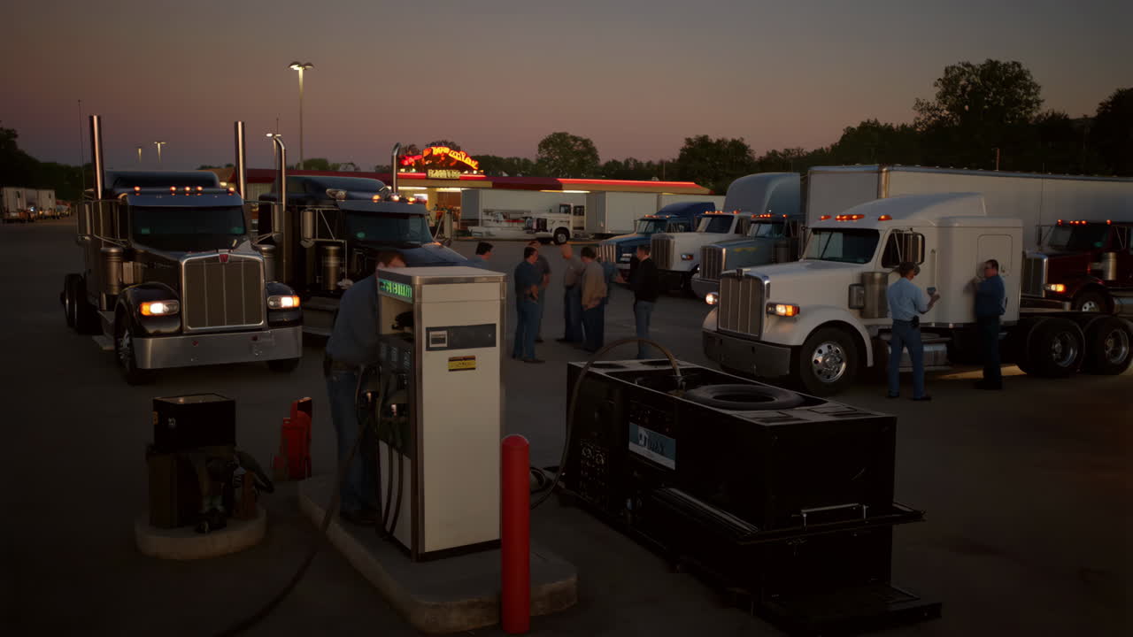 Trucks and drivers at a gas station at dusk