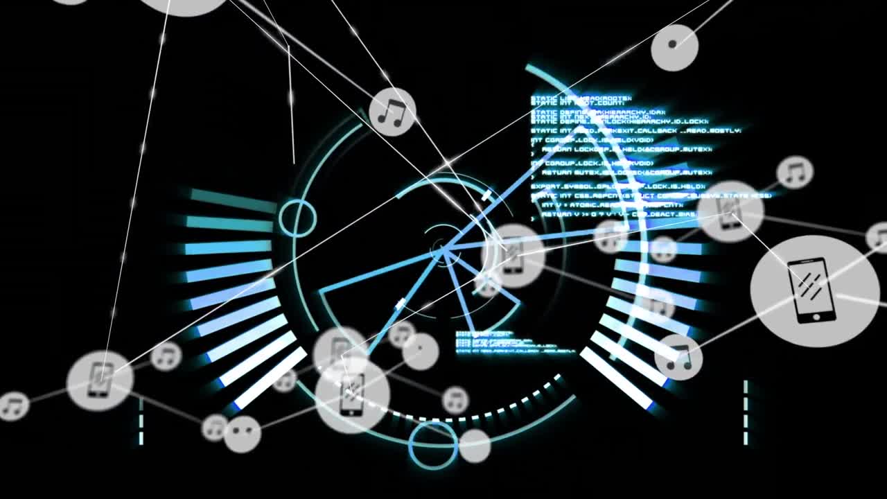 Animation of network of connections with icons over scope on black background