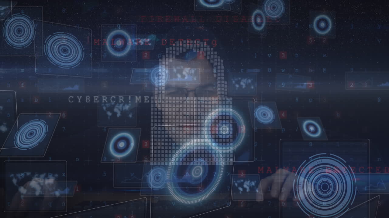 Animation of scope scanning with icons and data processing over caucasian hacker in server room