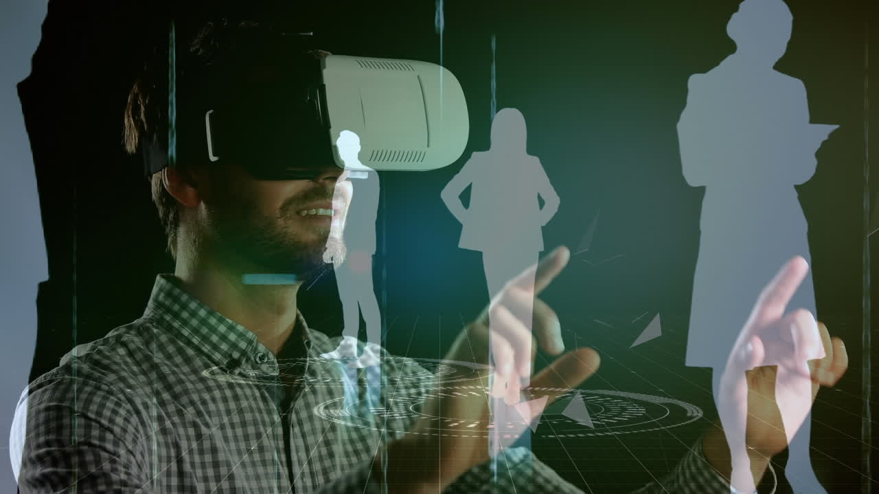 Man with virtual reality headset with data
