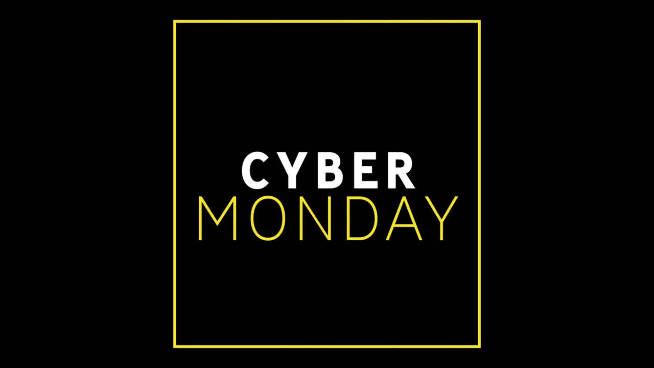 검은 화면 위에 나타나는  ⁇ 색과 노란색 사이버 월요일 텍스트