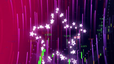 animation of data processing and stars over light trails on purple background