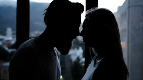 couple kissing while standing near the window 4k