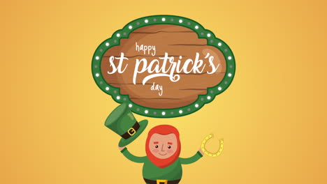 tarjeta animada del día de san patricio con elfo y etiqueta de madera