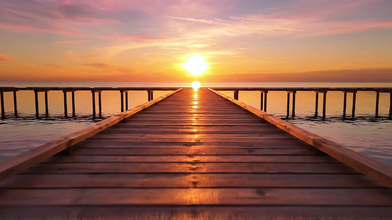 Gylden solnedgang over en træmole på roligt havvand
