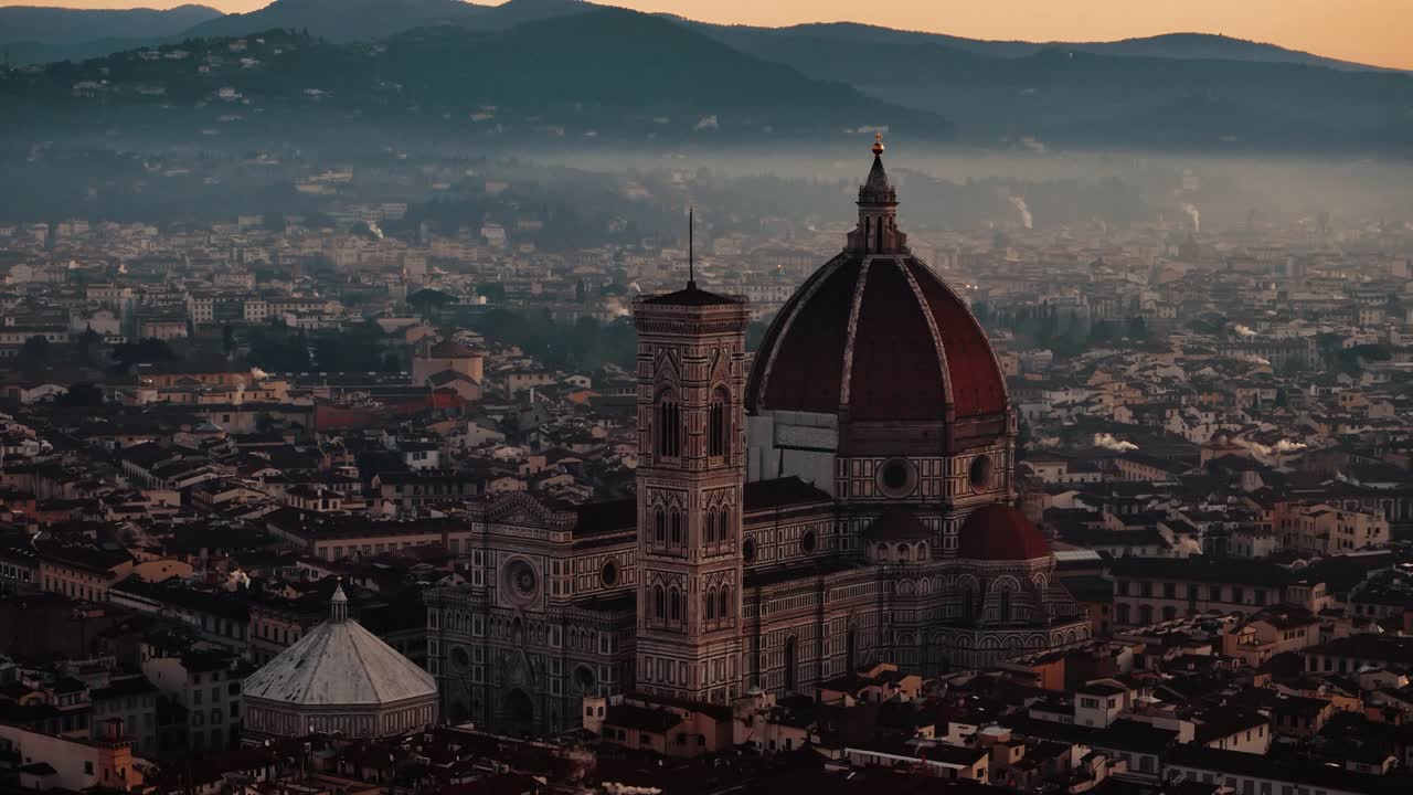 Ascending pan down over Florence Duomo with morning mist and golden sunrise