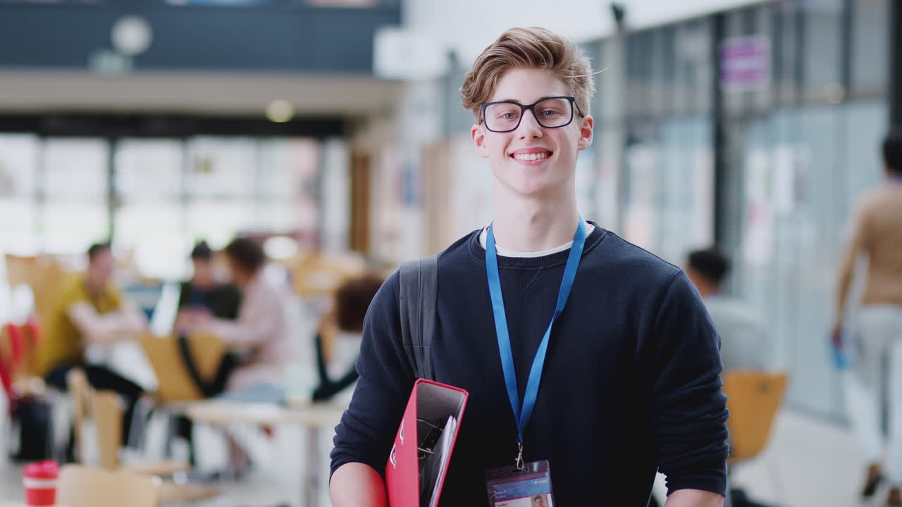 retrato de un estudiante universitario sonriente en un ocupado edificio del campus comunal