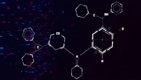 animación de la fórmula química sobre manchas azules y rojas sobre fondo negro