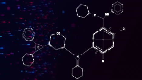 animation of chemical formula over blue and red spots on black background