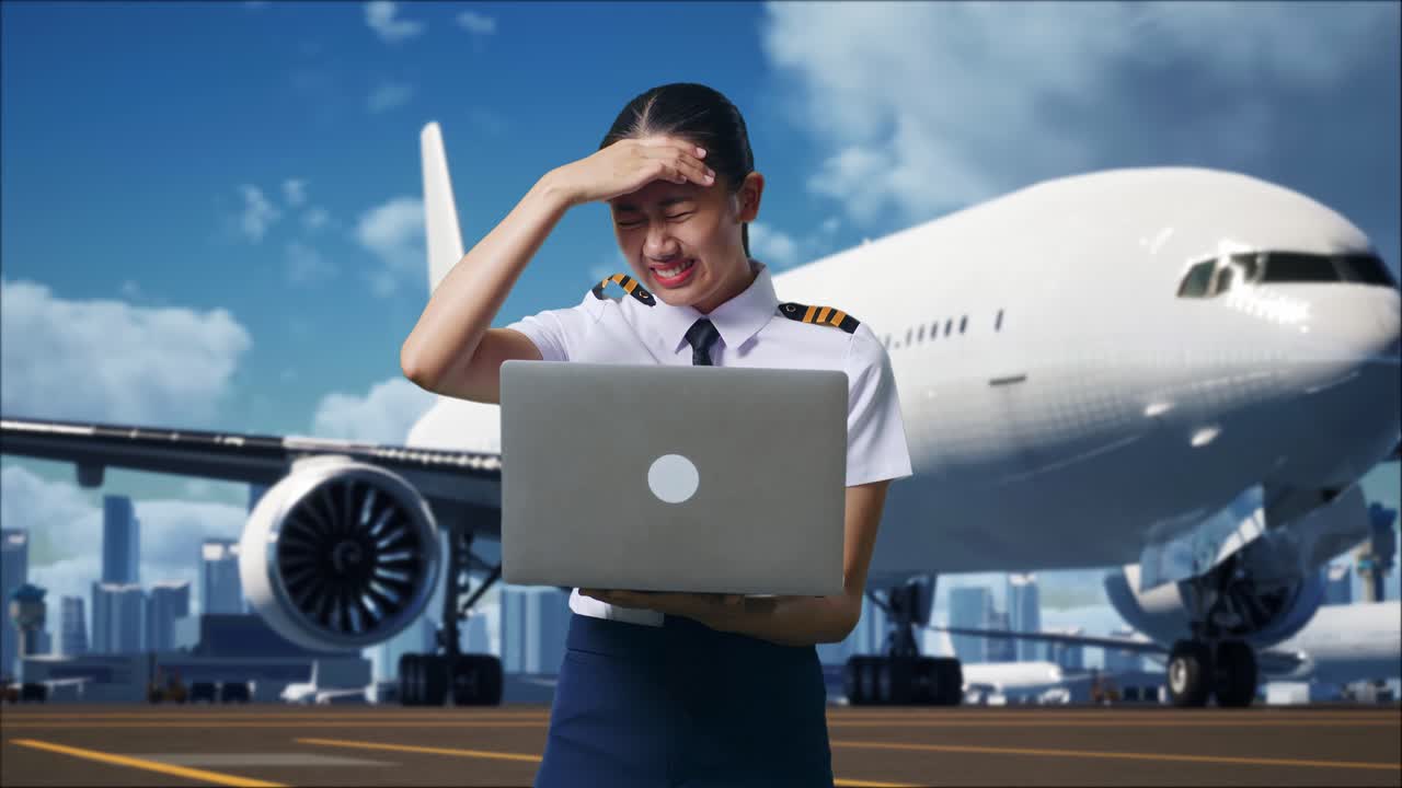 아시아 여성 조종사 가 노트북 을 사용 하고, 배경 에 비행기 와 함께 공항 에 서 있는 동안 두통 을 고 있다