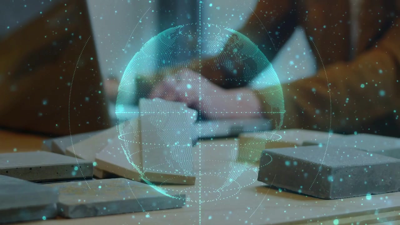Designer reaching stacking tiles moving them to tablet flipping book for design holo globe hovering