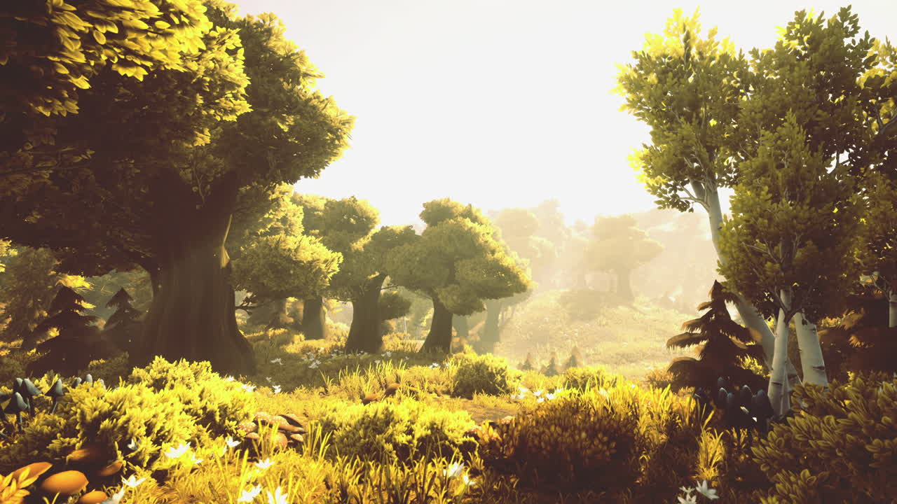 Sunlight bathes the enchanted forest in golden hues during early morning