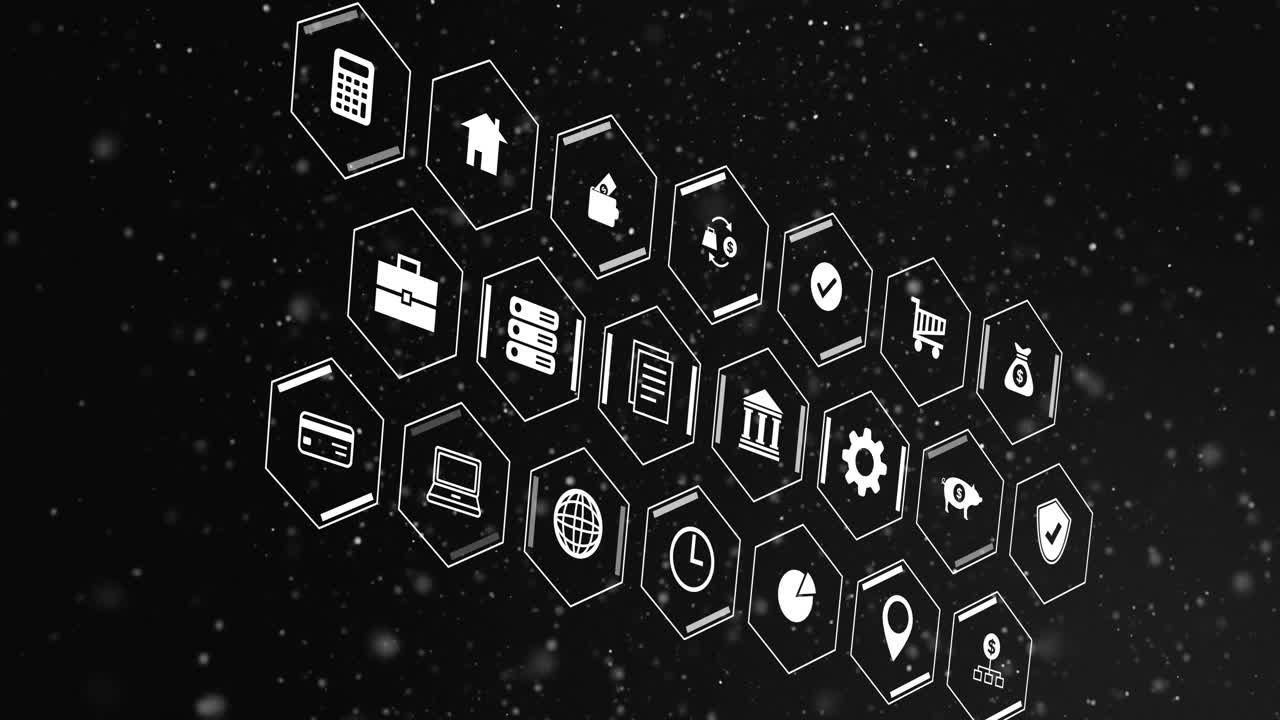 Animation of business icons with data processing over black background