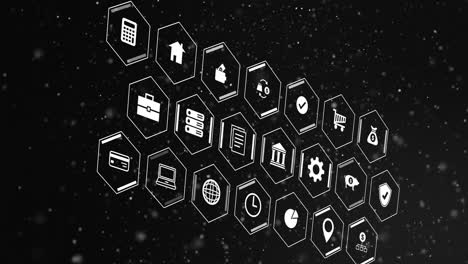 animation of business icons with data processing over black background