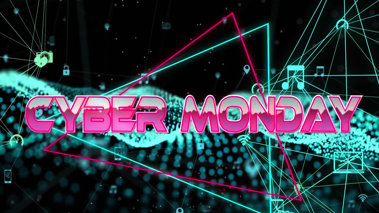 아이콘을 가진 연결 네트워크를 통해 사이버 월요일 텍스트의 애니메이션