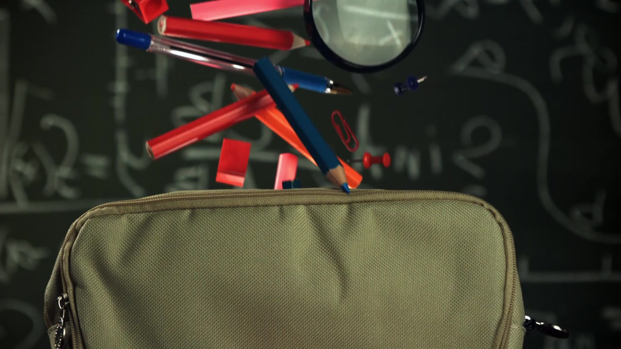 School Supplies Falling into a Pencil Case in Slow Motion