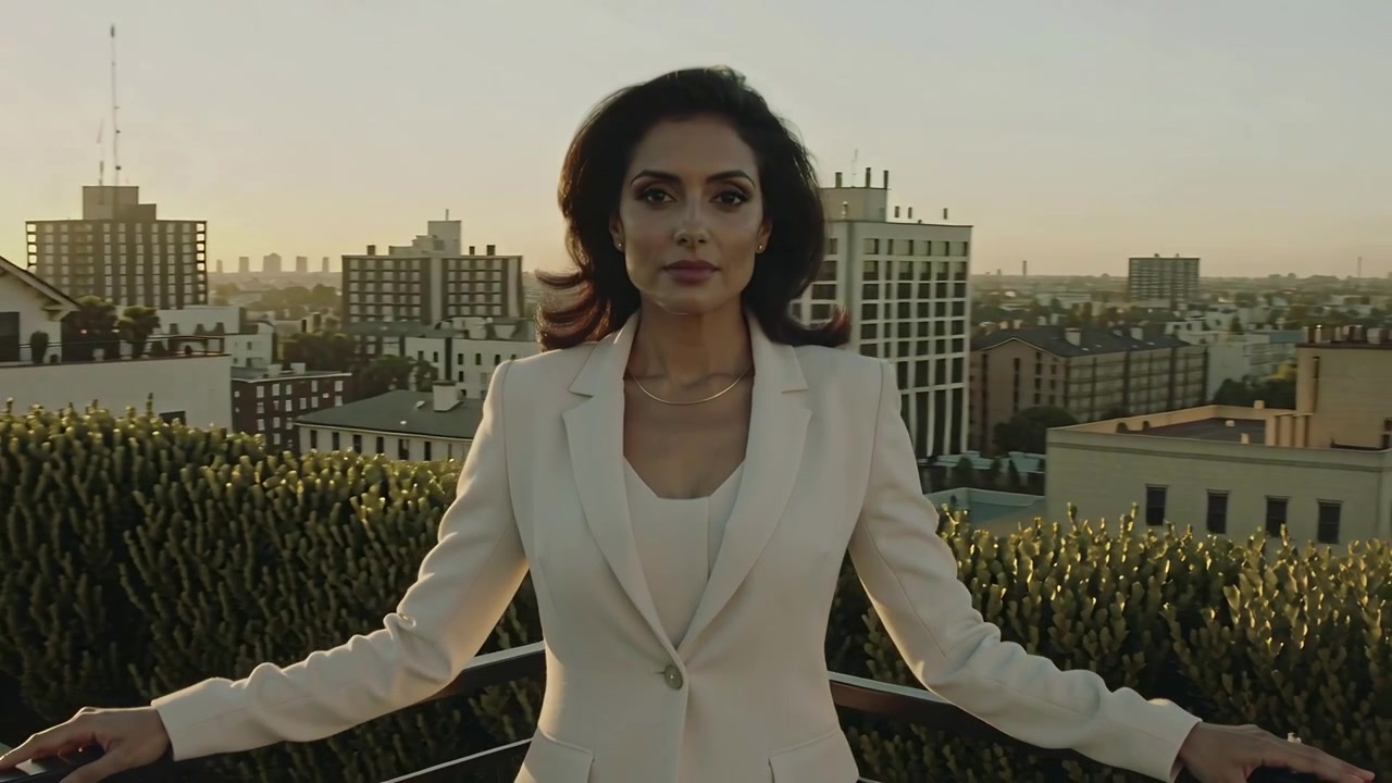 Mujer con americana que se gira al reaccionar a la luz del atardecer en una azotea, colocando las manos sobre la barandilla y mostrando calma