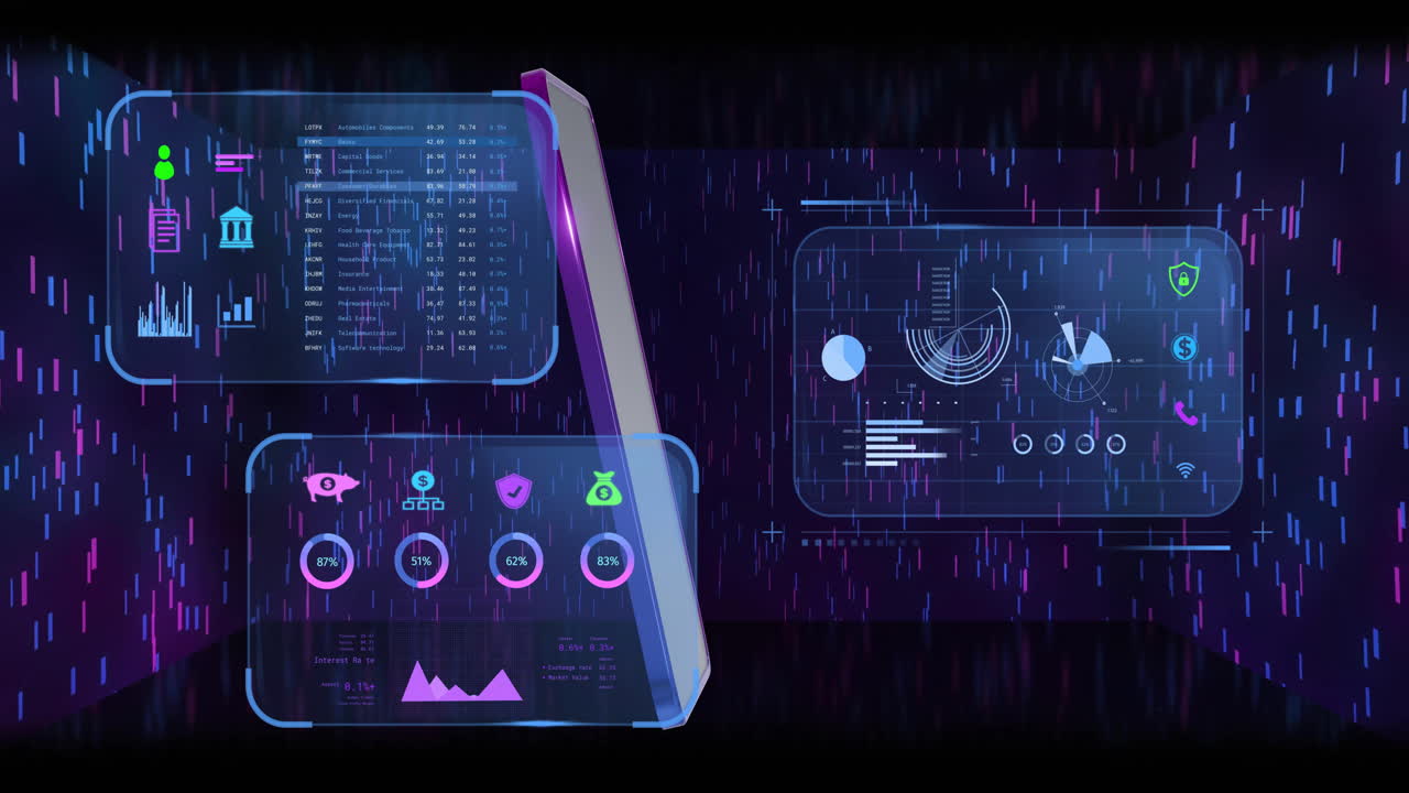 Animation of financial data processing and smartphone on black background