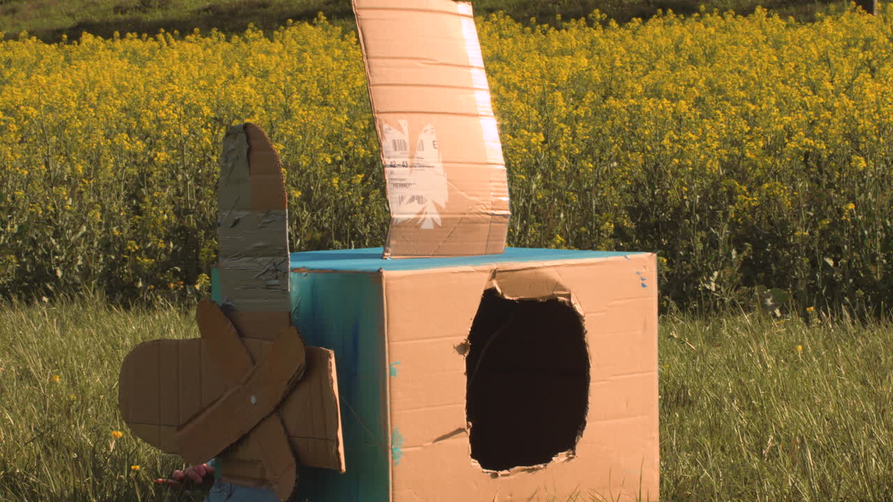 счастливый ребенок садится в самодельный игрушечный самолет на поле во время заката солнца