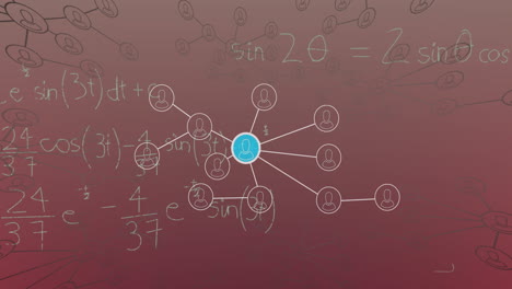 Animation of mathematical equations and network of profile icons against pink gradient background