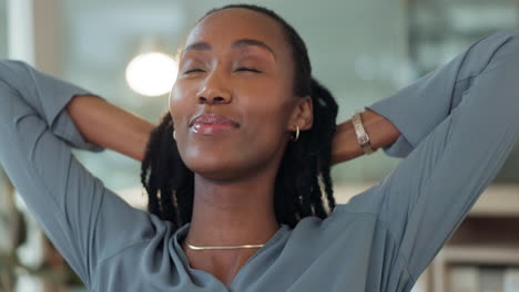 Business,-woman-and-stretching-to-relax-in-office