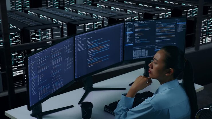 Side View Of Asian Woman Developer Thinking About Something While Write Code With Multiple Computer Screens In Data Center