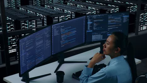 vista lateral de una desarrolladora asiática pensando en algo mientras escribe código con múltiples pantallas de computadora en un centro de datos