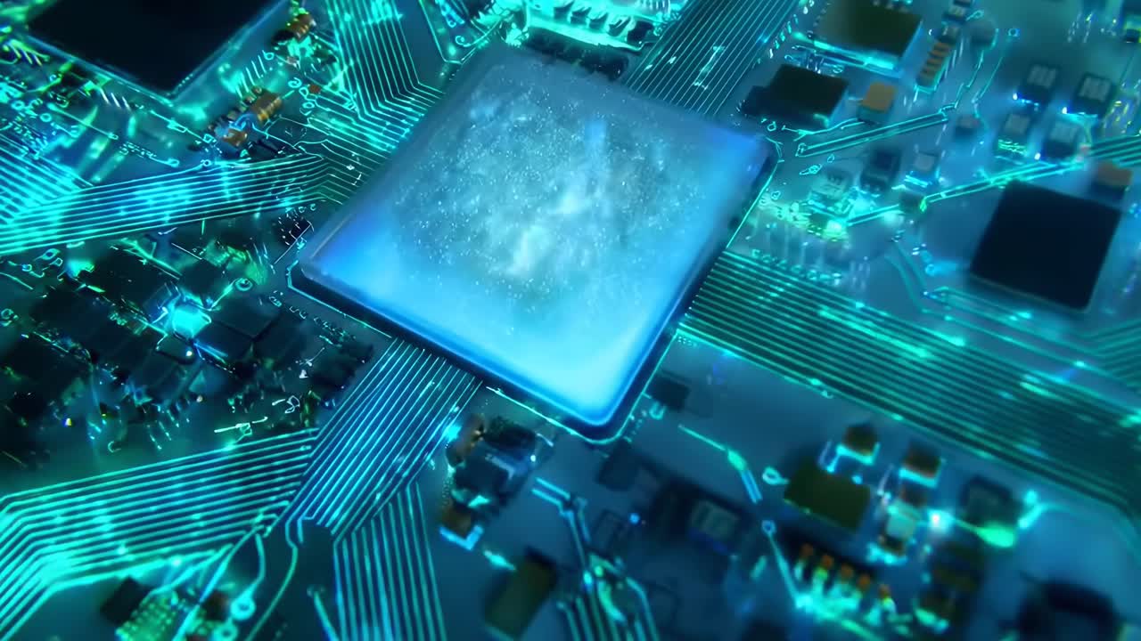 Primo piano, vista angolata di una scheda madre luminosa, che mostra tecnologia futuristica in stile video.