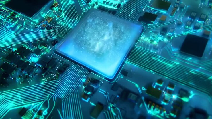 Primo piano, vista angolata di una scheda madre luminosa, che mostra tecnologia futuristica in stile video.