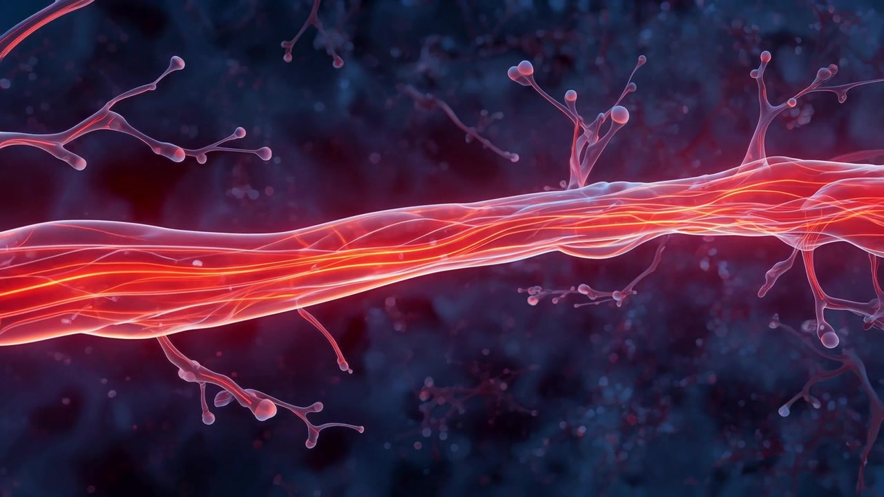Panoramica su un tubo traslucido che scorre verso destra, con un nucleo arancione pulsante che mostra nodi ramificati al microscopio.
